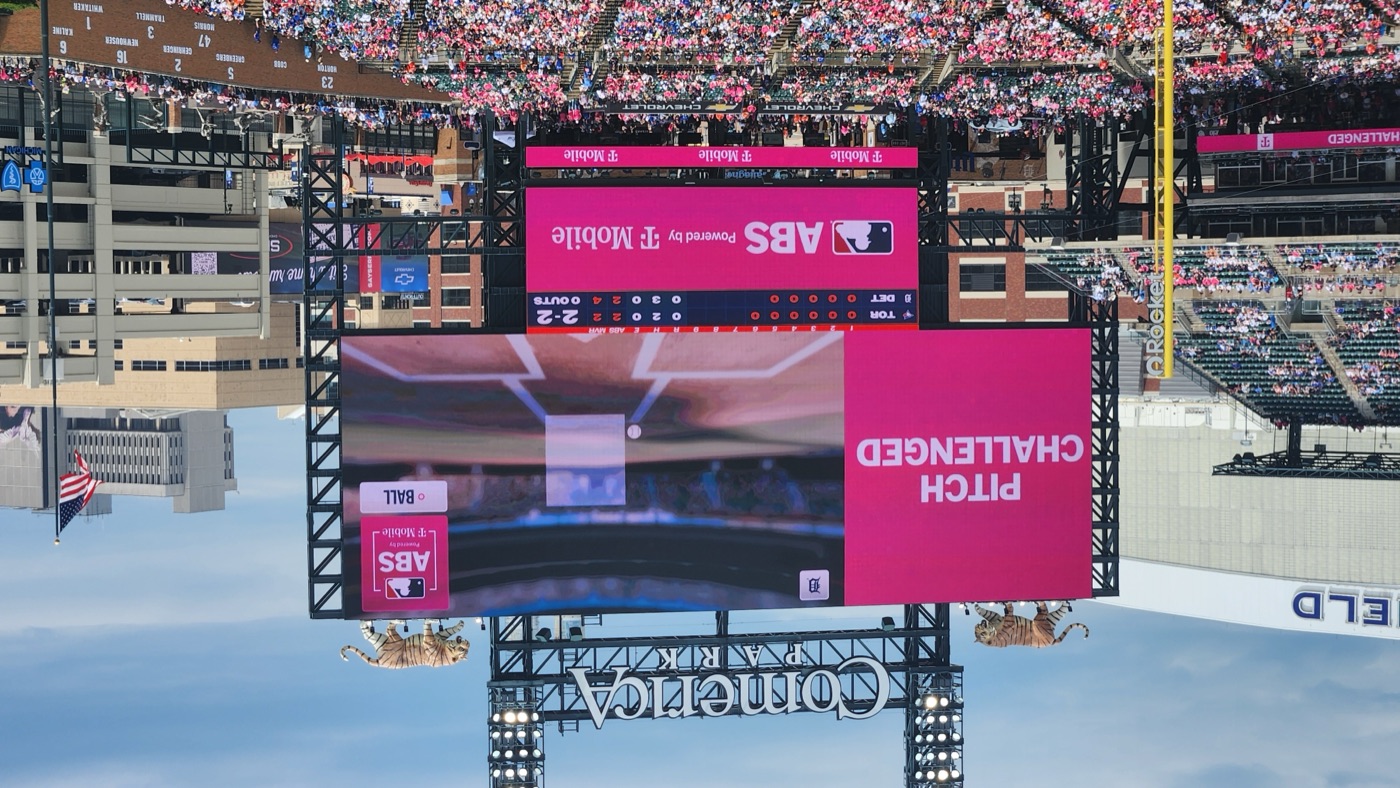 Comerica Park scoreboard revealing a challenged pitch to the entire stadium, with the 2-2 count shown on the game display below