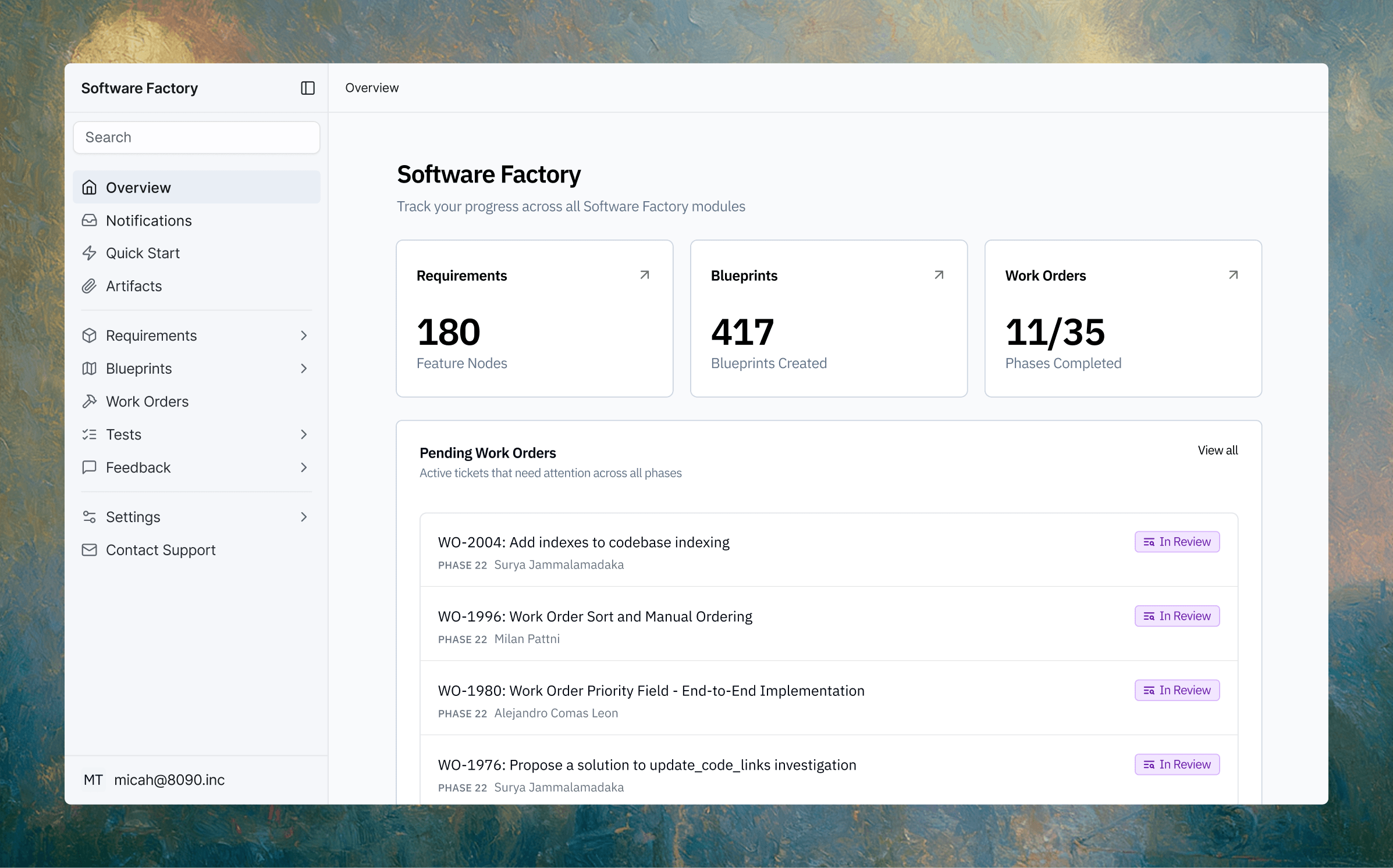 8090 Software Factory dashboard screen — actual product UI showing the chain of artifacts from Requirements to Blueprints to Work Orders
