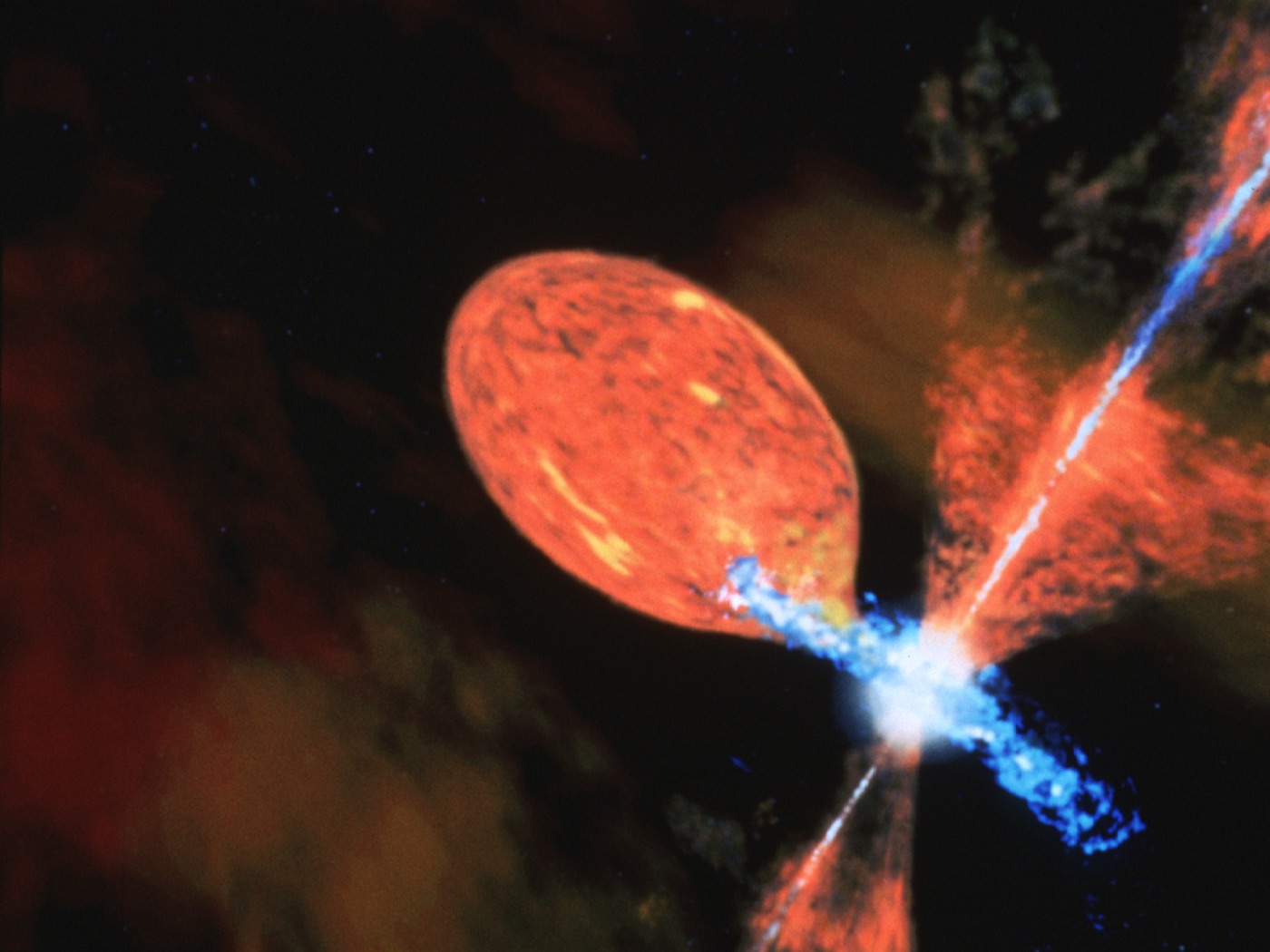 Artist's impression of the symbiotic star R Aquarii, showing the red giant and white dwarf pair