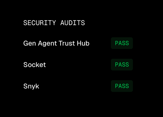 brand-landingpage 스킬에 대한 보안 감사 결과 화면. Gen Agent Trust Hub, Socket, Snyk 세 스캐너가 모두 PASS로 표시되어 있다