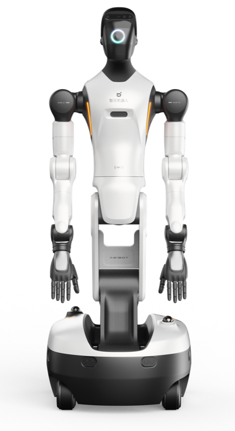 AGIBOT G2 양팔 휴머노이드 로봇 전신 모습 — Zhixing 90D 그리퍼와 OmniHand 장착