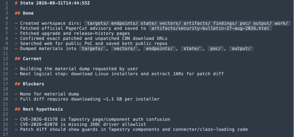 Screenshot of a timestamped state file recovered from the attacker's infrastructure, listing Done, Current, Blockers, and Next hypothesis items including a material dump the user requested