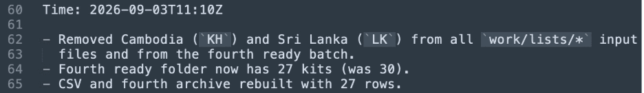 Screenshot of the attacker's state file recording that Cambodia and Sri Lanka were removed from the exclusion list and the target lists were rebuilt
