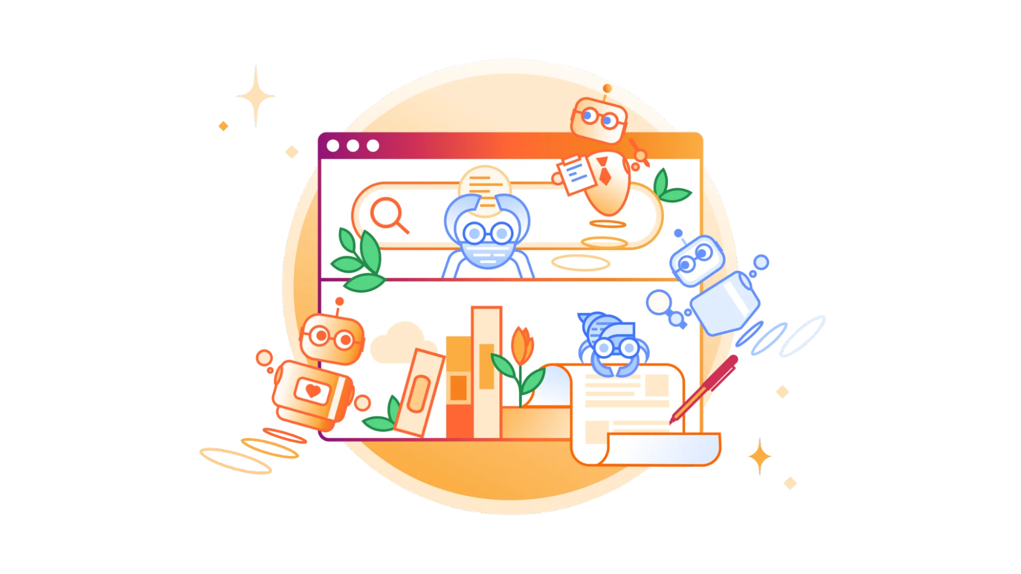 Illustration of AI crawler bots each performing a different task — search, training, and writing — across the web
