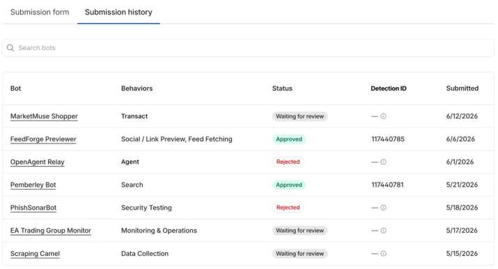 Cloudflare BotBase database screening and classifying bots by behavior type such as agent, search, and data collection