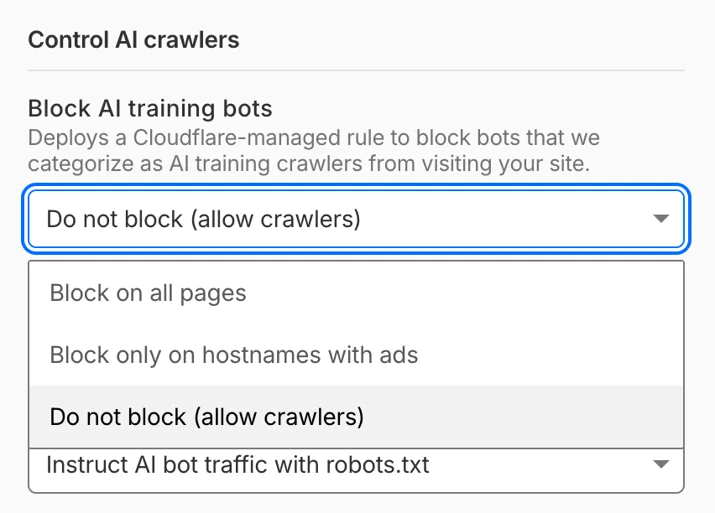 robots.txt 지시만으로 AI 봇 트래픽을 막던 구형 단일 스위치 설정 화면