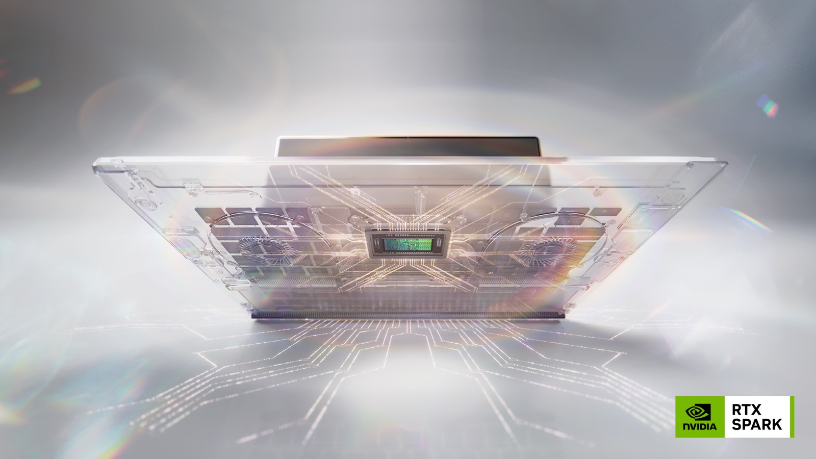 NVIDIA RTX Spark 칩과 내부 회로를 투명하게 보여주는 노트북 렌더링 이미지