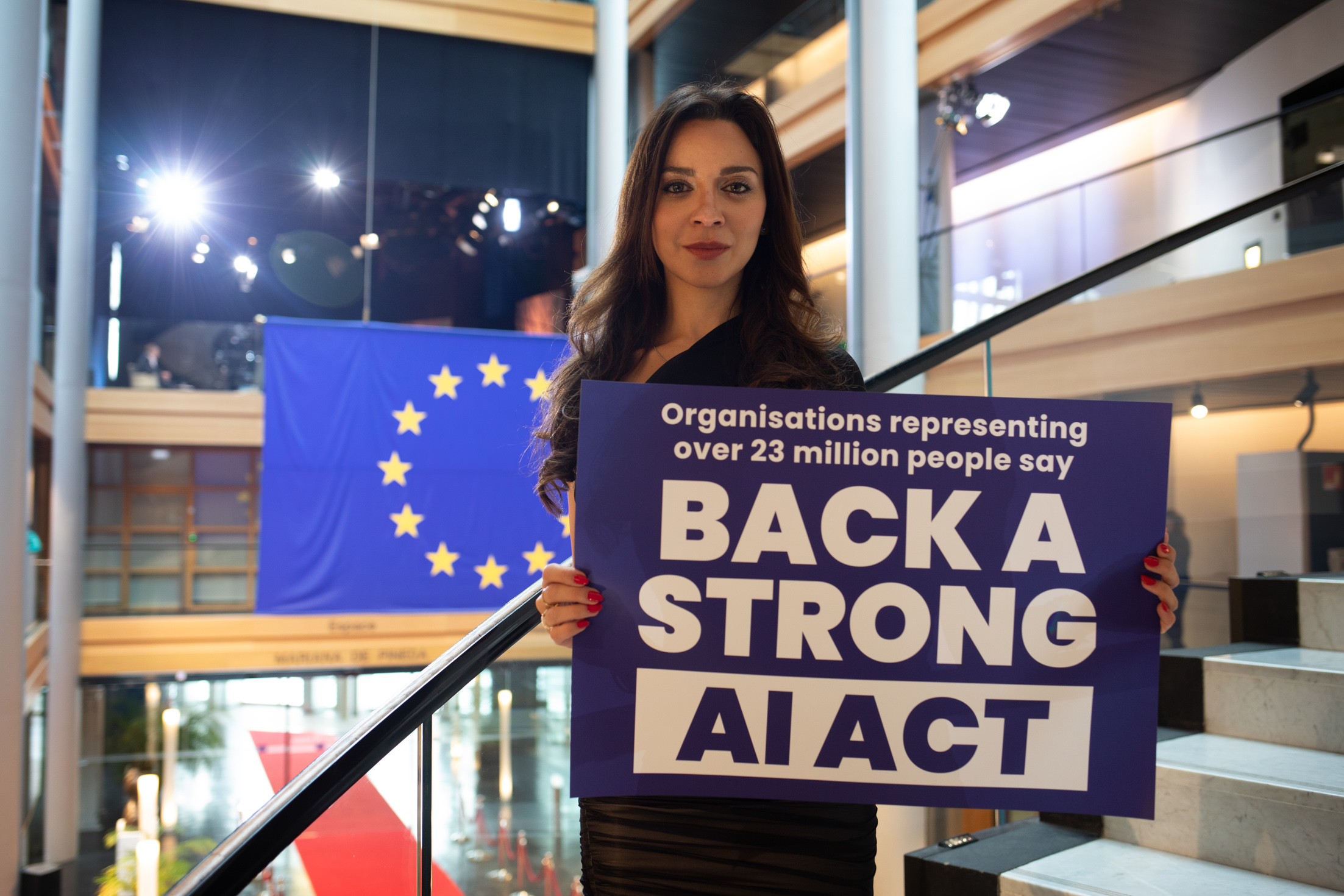 EU AI Act advocacy campaign — protesters at the European Parliament in Strasbourg calling for strong AI Act legislation