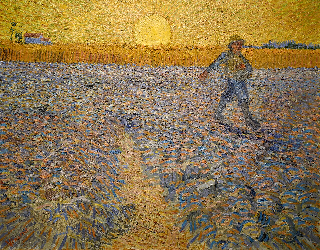 A farmer sowing seed across a field against the setting sun — Van Gogh's painting as a metaphor for cultivation, where sun, rain, and time do the growing after a single sowing