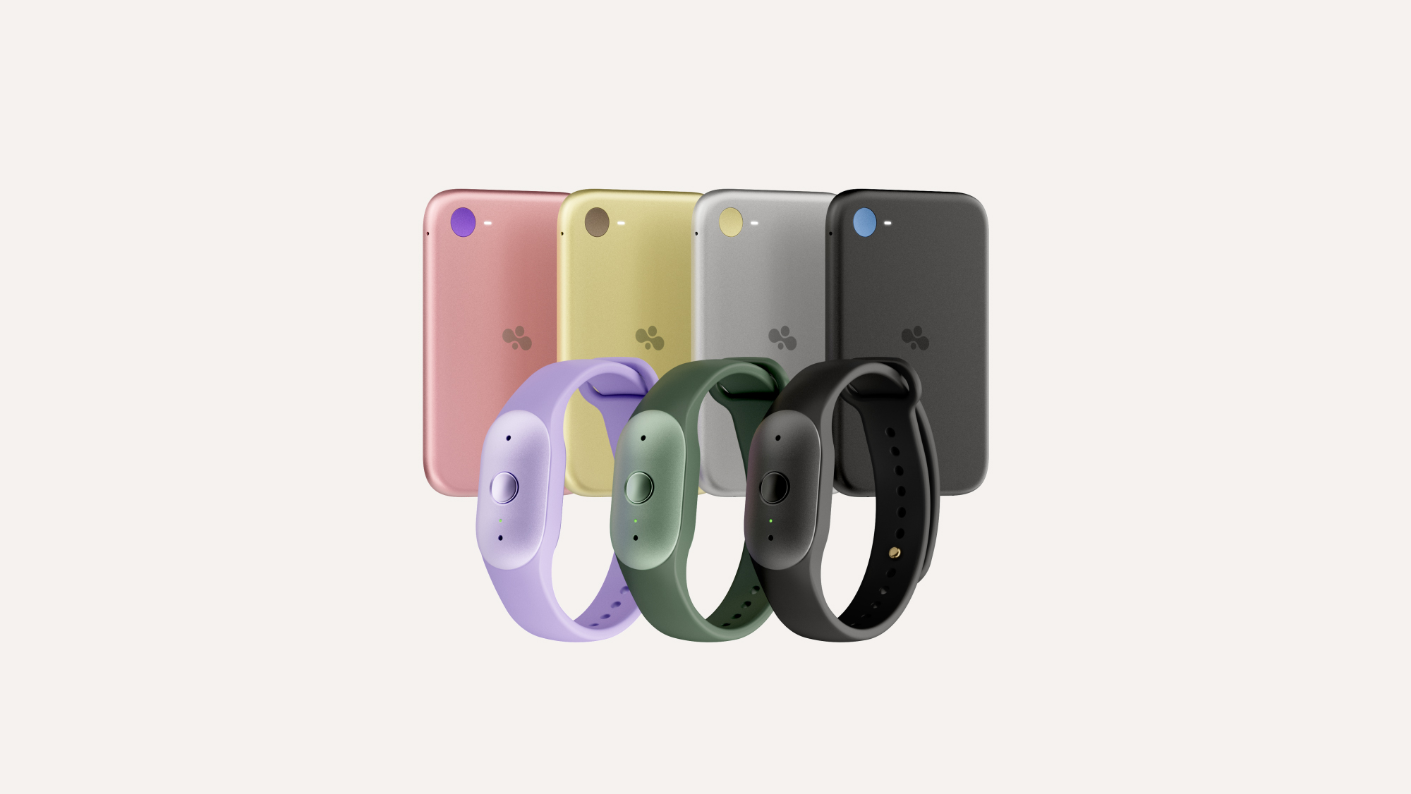 Official Amazon product photo showing the Bee Frontier wristband in three colors (Lavender, Sage, Onyx) alongside the Bee Eclipse phone attachment in four colors (Pink, Gold, Silver, Black)