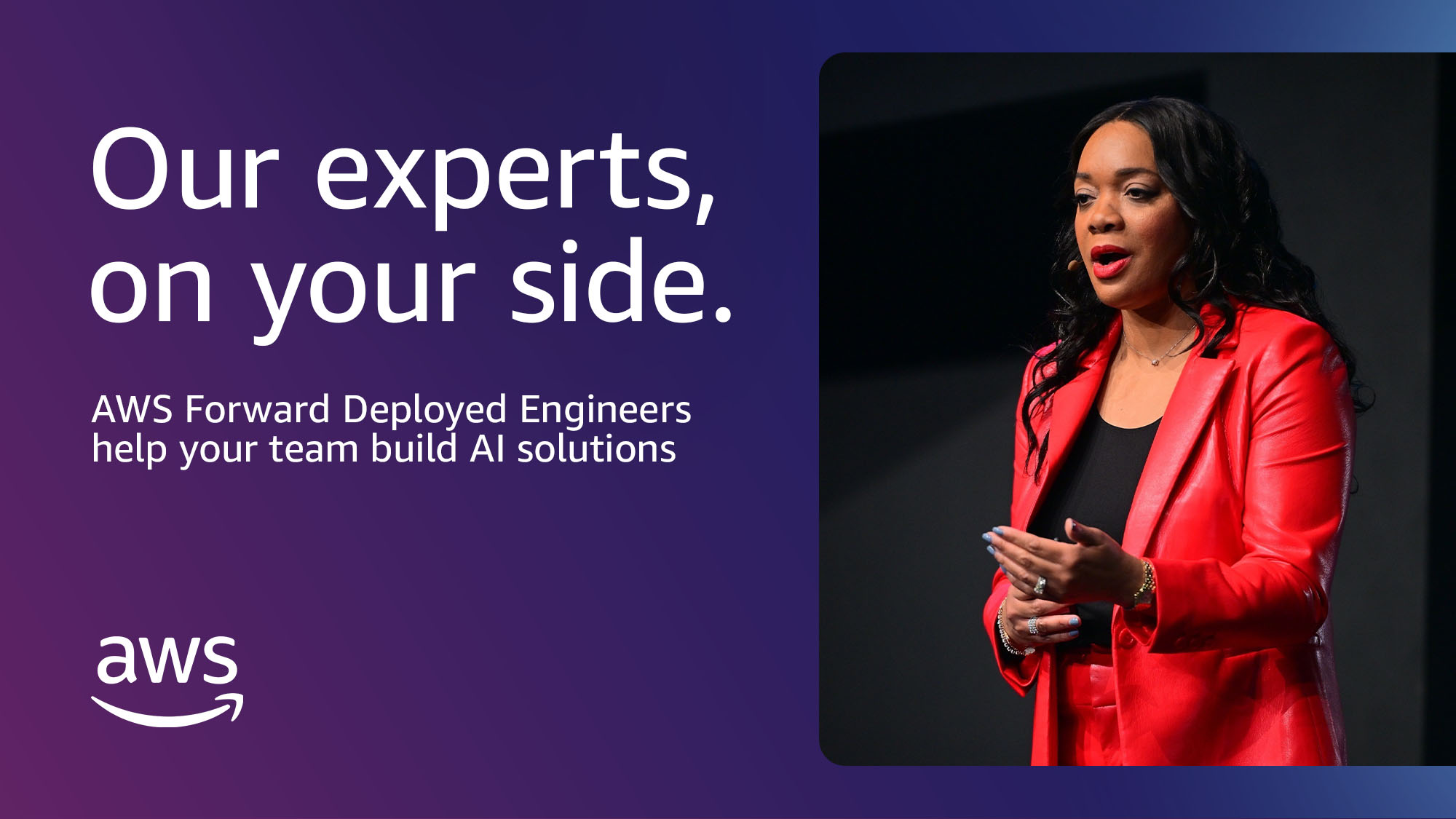 AWS Forward Deployed Engineers 투자 발표 공식 이미지 — '우리 전문가가 당신 편에 섭니다. AWS 배포 엔지니어가 팀의 AI 솔루션 구축을 돕습니다'