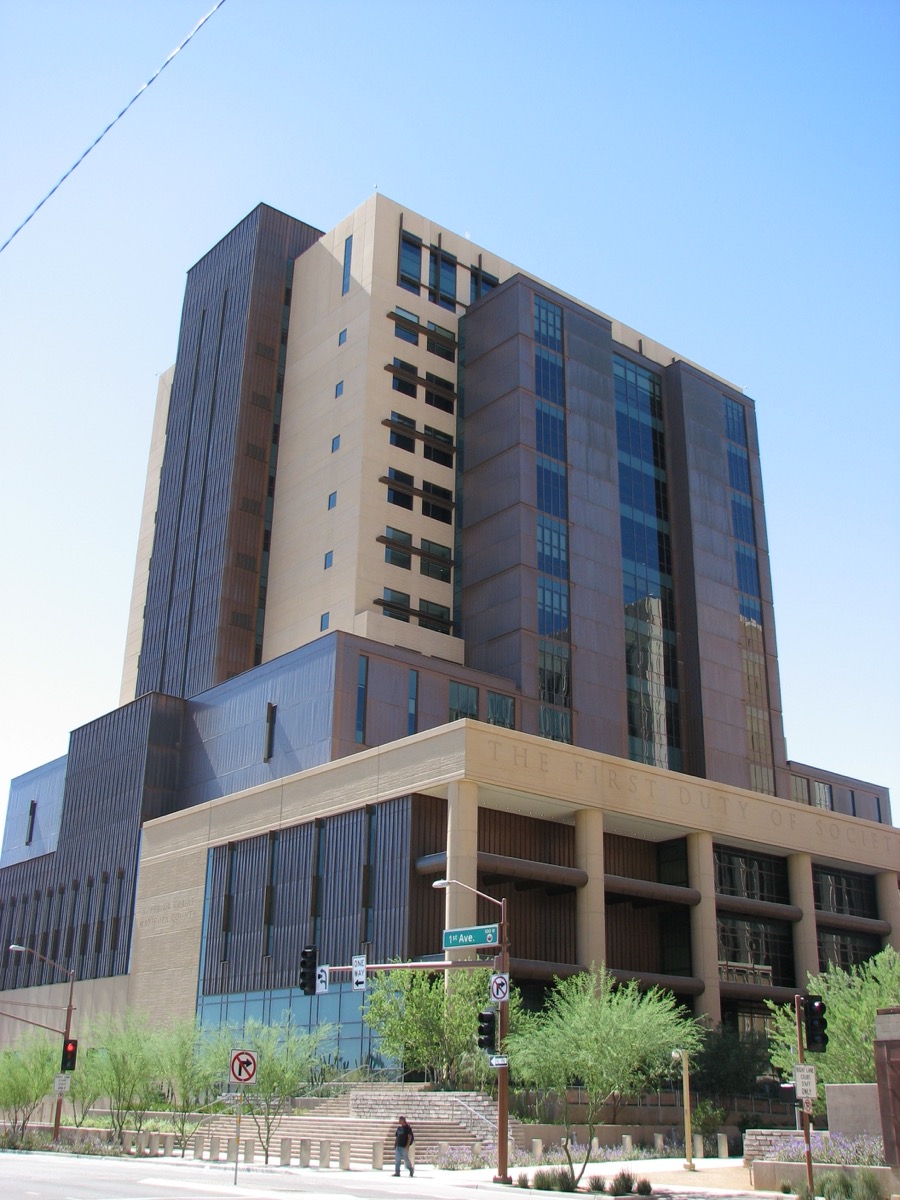 Exterior of the Maricopa County Superior Court building in Phoenix, Arizona, with 'Superior Court Maricopa County' engraved on the facade