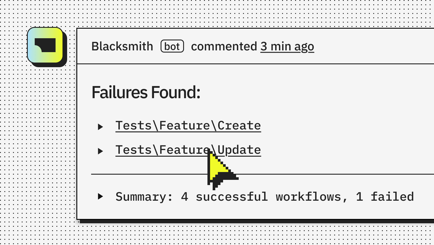 Blacksmith bot automatically commenting on a pull request with failed tests — Failures Found, summary of 4 successful and 1 failed workflow