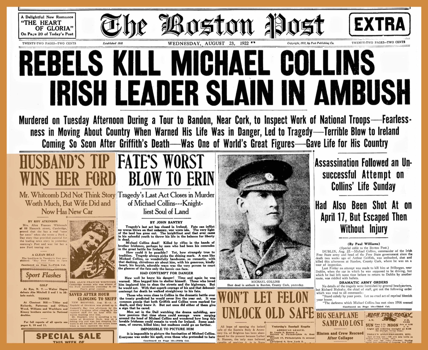 Front page of The Boston Post, August 23, 1922. Irregular columns, decorative headline typefaces, a photo, and advertisements all share one page, illustrating why general-purpose OCR struggles with historical newspapers