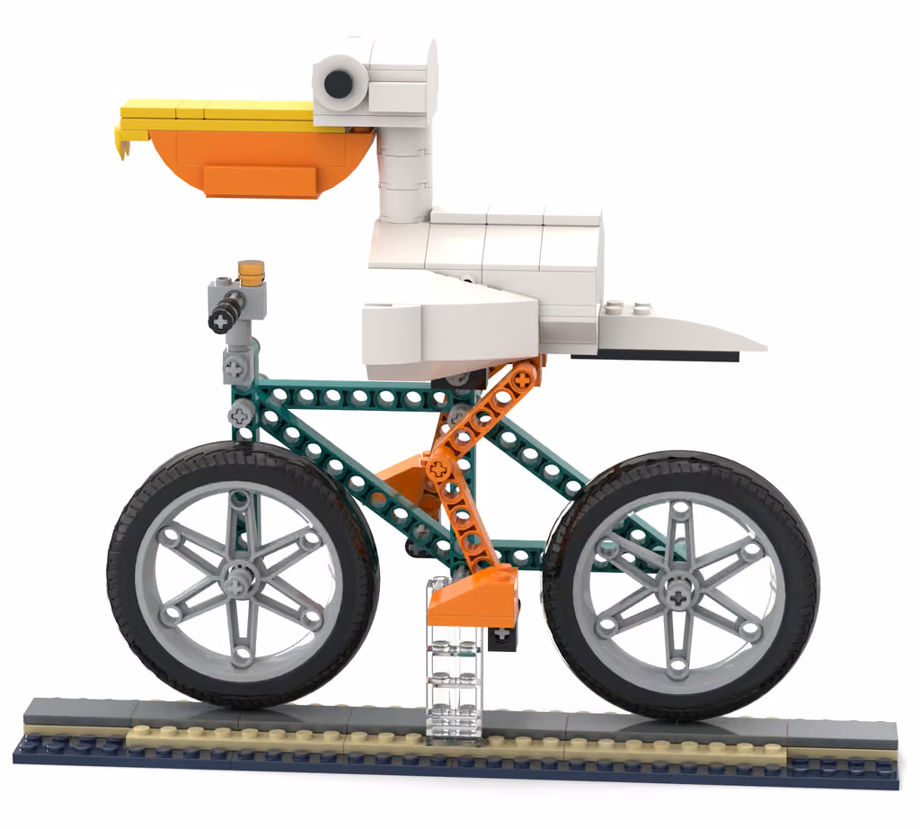 BrickBench Model 설정에서 GPT-6 Astra가 설계한 '자전거를 타는 펠리컨' — 실제 LDraw 부품으로 조립 가능한 레고 모형
