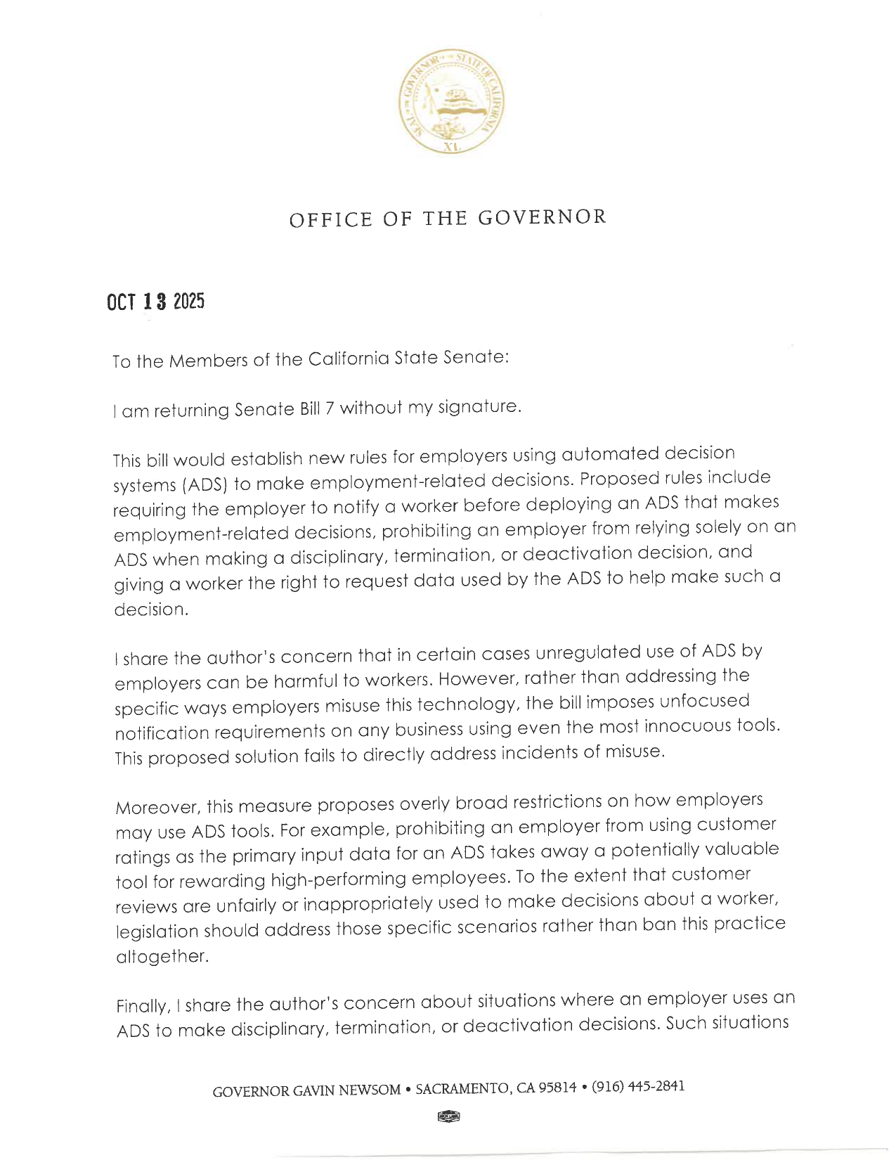 Page one of Governor Newsom's October 13, 2025 veto message on SB 7, addressed to the California State Senate