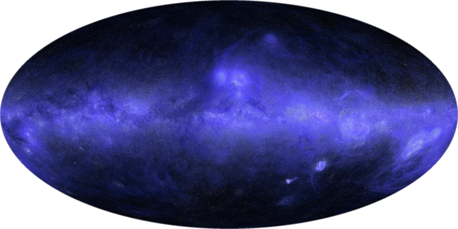 The finished all-sky ultraviolet map built by Anthropic's Claude Science. A bright violet band marks the galactic plane, with faint diffuse glow and scattered stars above and below it