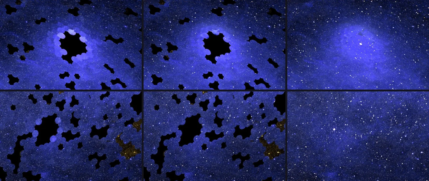 Three close-ups of a dark region of the map. The leftmost panel shows clear circular footprints from individual observations, the middle still shows faint traces after a first correction, and the rightmost is the finished map with no traces left
