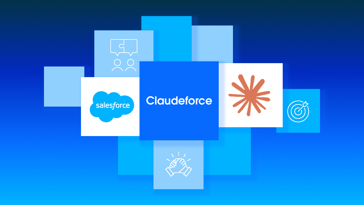 Official Claudeforce campaign image released by Salesforce and Anthropic, showing the Salesforce logo, the Claudeforce wordmark and Anthropic's asterisk logo arranged together