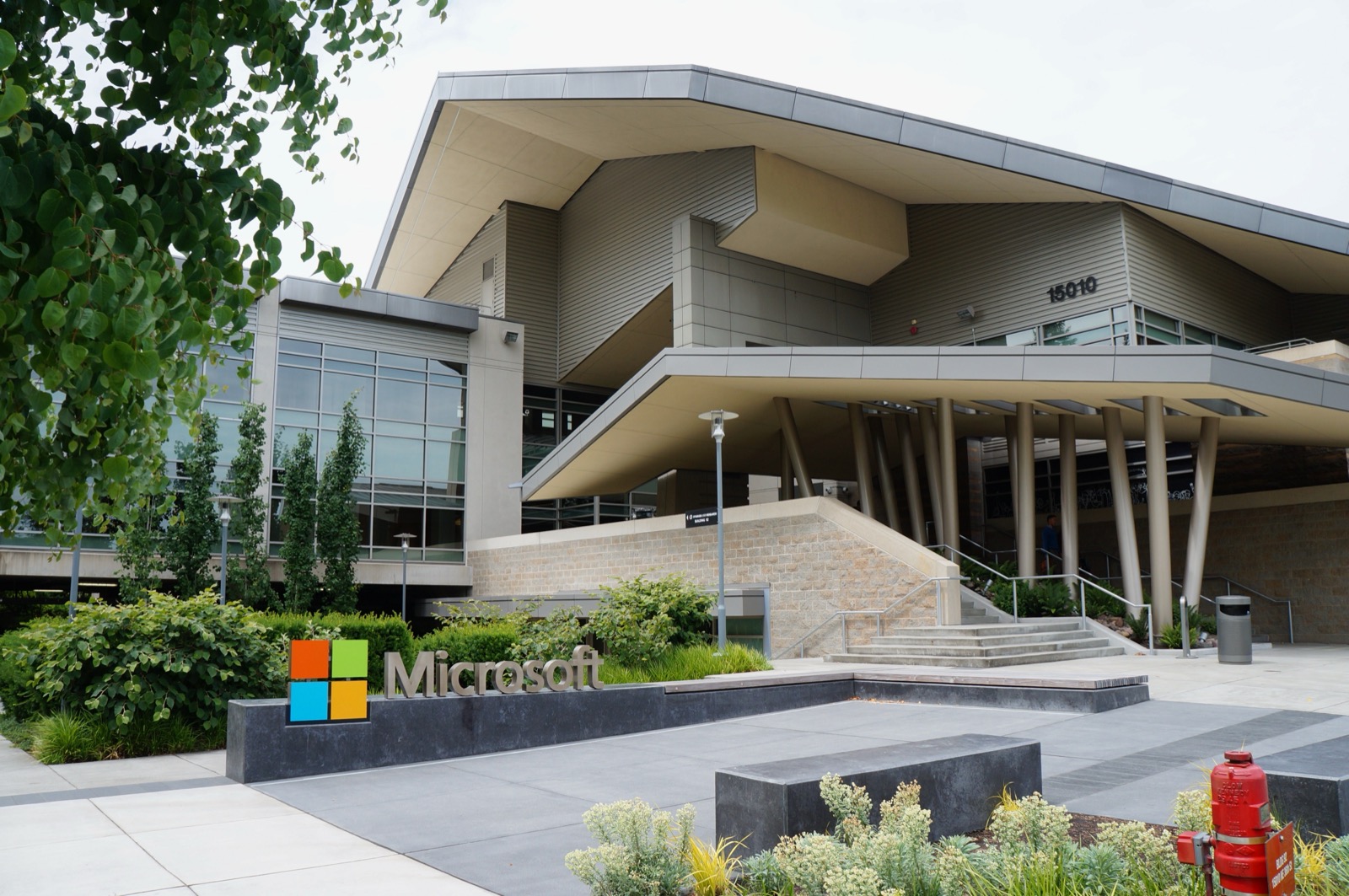 Entrance to a Microsoft Redmond campus building with the company logo sign