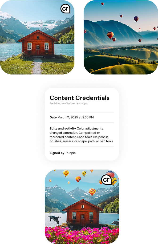 Content Credentials in action — photos tagged with the CR icon showing AI generation status, edit timestamp, and model information embedded as cryptographic metadata