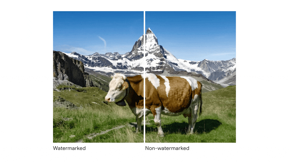 Google SynthID invisible watermarking comparison — watermarked image (left) and non-watermarked (right) look identical to the human eye