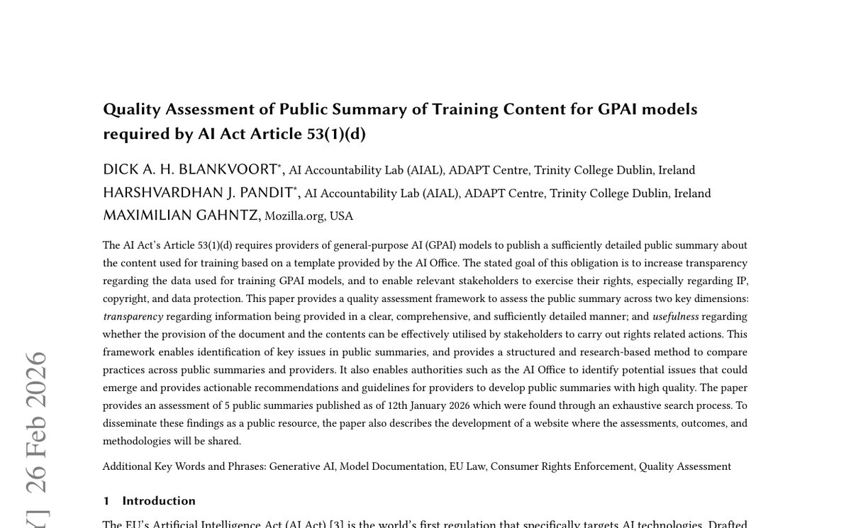 First page of the Trinity College Dublin–Mozilla Foundation paper assessing Article 53(1)(d) training-data summary quality