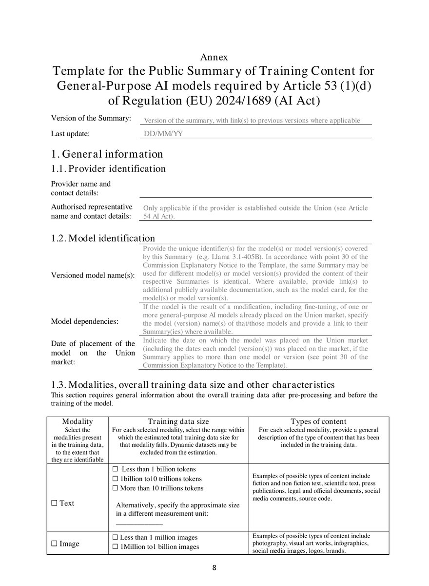 AI Office가 공개한 Article 53(1)(d) 학습데이터 요약 공식 템플릿 — 모달리티·규모를 체크박스로 채우는 실제 서식