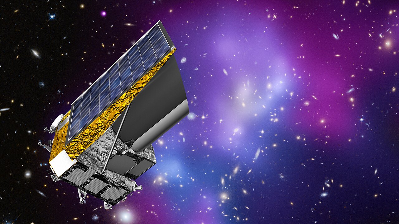 Artist's impression of the Euclid space telescope launched by the European Space Agency in 2023, with a galaxy cluster in the background