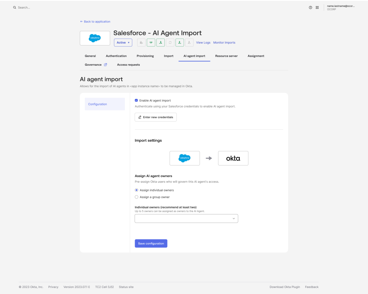 Okta for AI Agents 관리 콘솔 — AI 에이전트 임포트와 소유자 지정 화면
