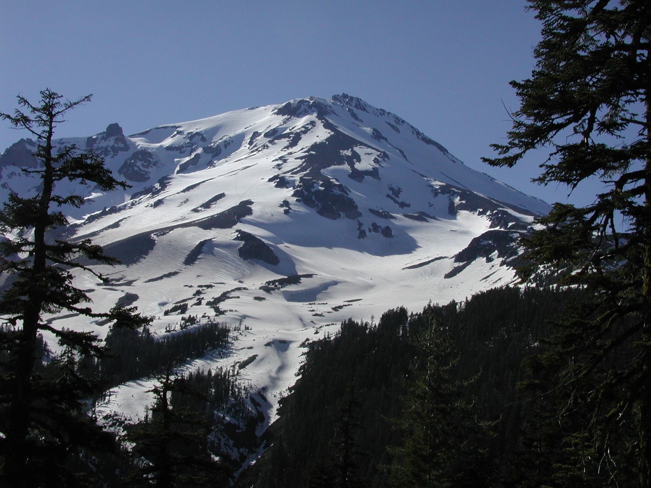 Snow-covered Mount Shasta seen from the Clear Creek side