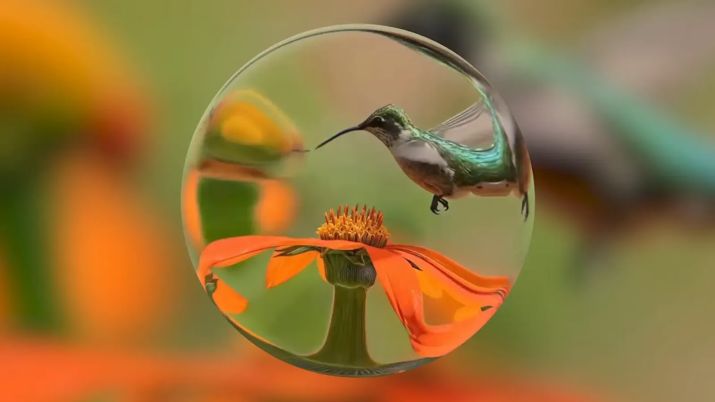A scene Genie 4 generated in real time — a hummingbird and flower reflected inside a glass orb. DeepMind writes that detail at this level can drift over long sessions or repeated edits