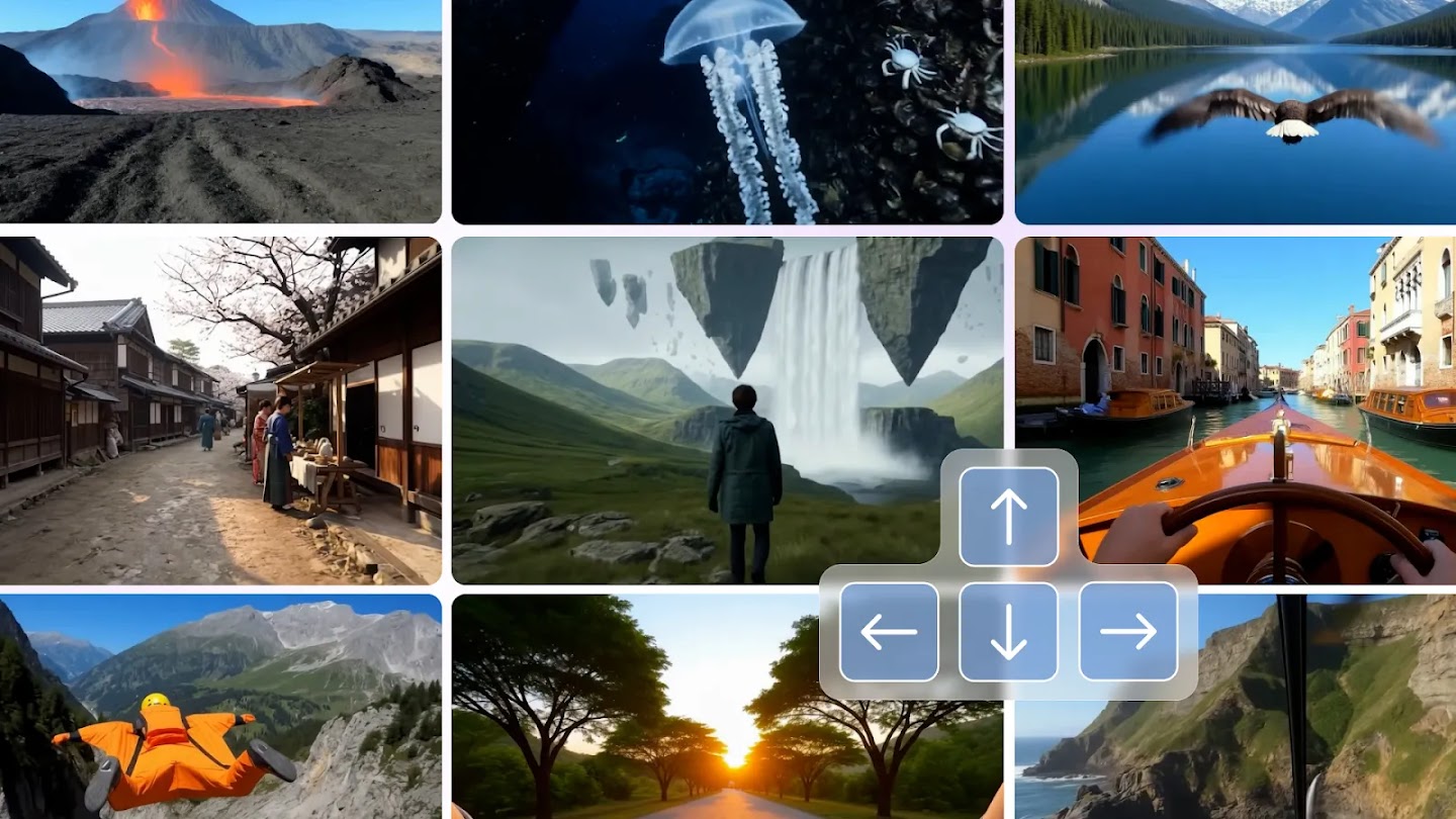 A collage of a world model generating entirely different scenes — a volcano, the deep sea, a Japanese street, Venice canals — from a few words of description