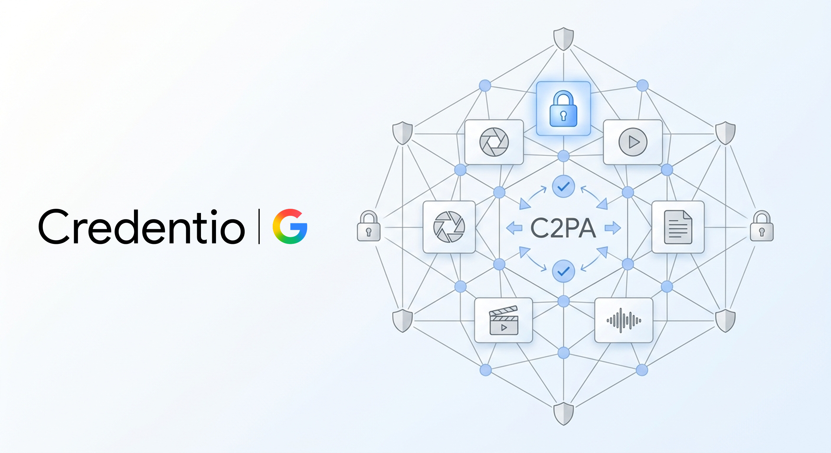 Credentio와 구글 로고, 이미지·영상·오디오·문서 자산이 C2PA 신뢰 네트워크로 연결된 구조를 나타낸 공식 도식
