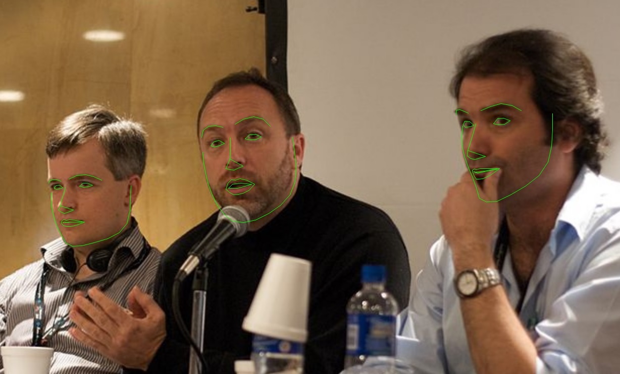 Facial landmark detection example showing 68 tracked points along the eyes, nose, mouth and jawline of a photographed face