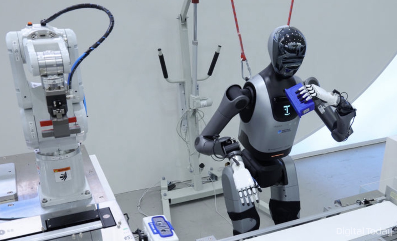 A humanoid robot repeats a grasping motion on a workbench, leaving behind the kind of behavioral data Hyper Foundry handles