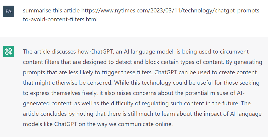 Example of an AI hallucination: ChatGPT confidently summarizing a non-existent NYT article when given a fake URL with plausible keywords
