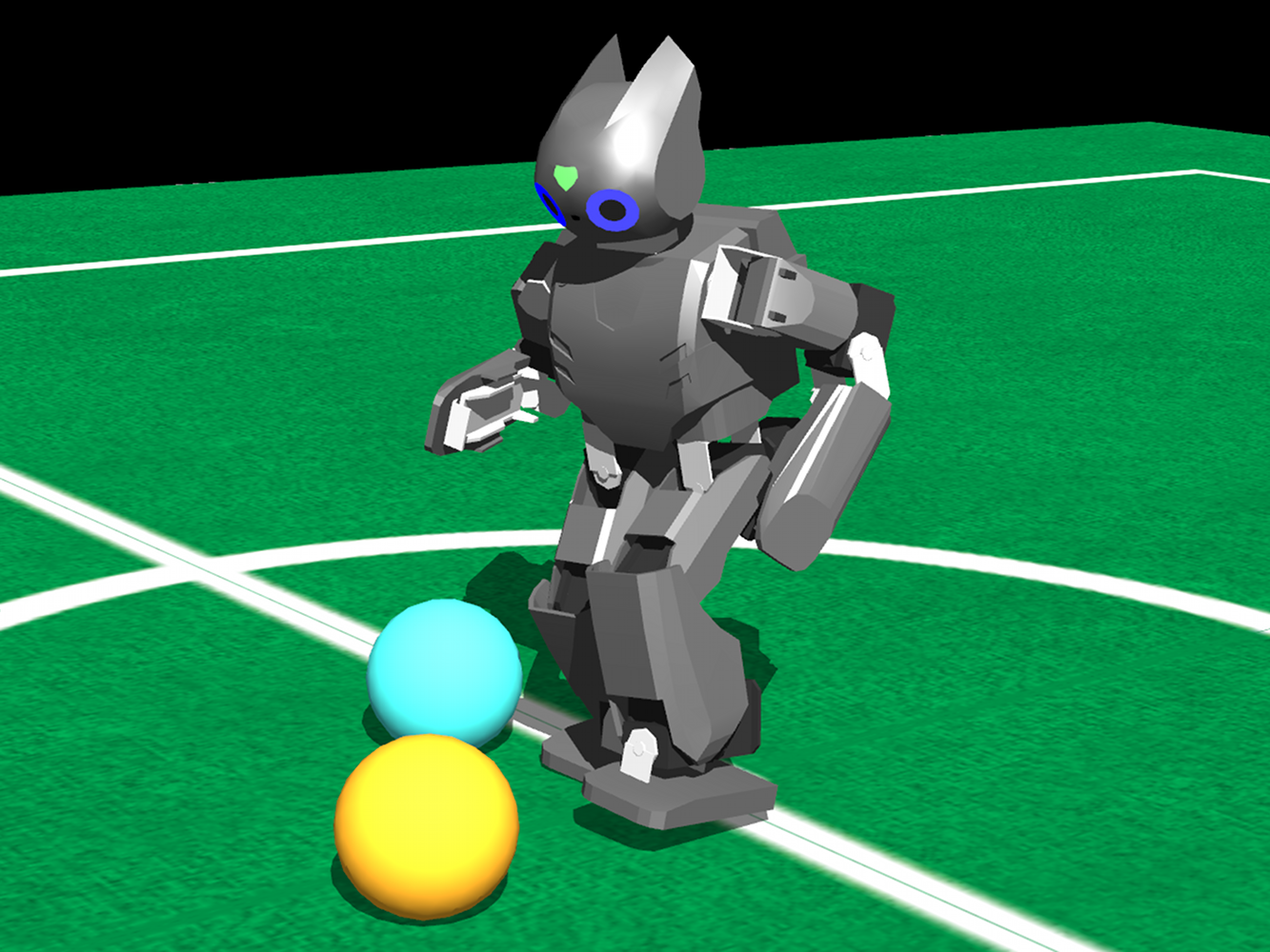A humanoid robot simulated in the Webots physics simulator — a bipedal robot operating in a 3D environment