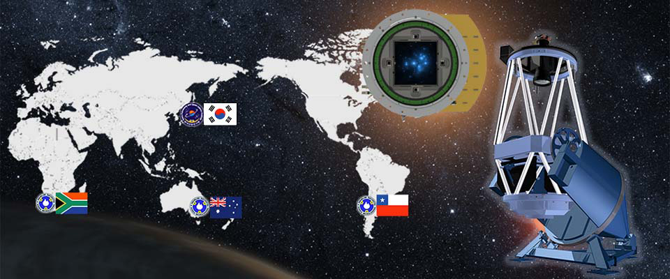 Map of the KMTNet network of 1.6-metre telescopes at three southern-hemisphere sites: CTIO in Chile, SAAO in South Africa, and SSO in Australia