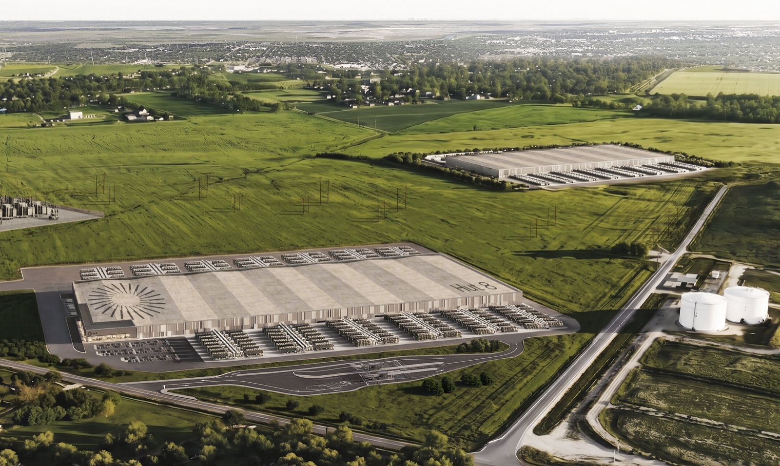 Aerial rendering of Hut 8's Beacon Point data center campus in Nueces County, Texas — the site Nvidia leases and where Lambda installs chips to sell compute to Anthropic