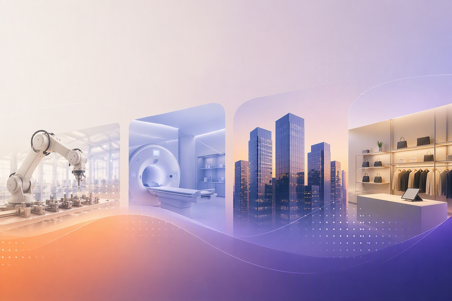 Industries Microsoft's Frontier Company targets for AI transformation — manufacturing robotic arm, healthcare MRI, city skyline, retail display