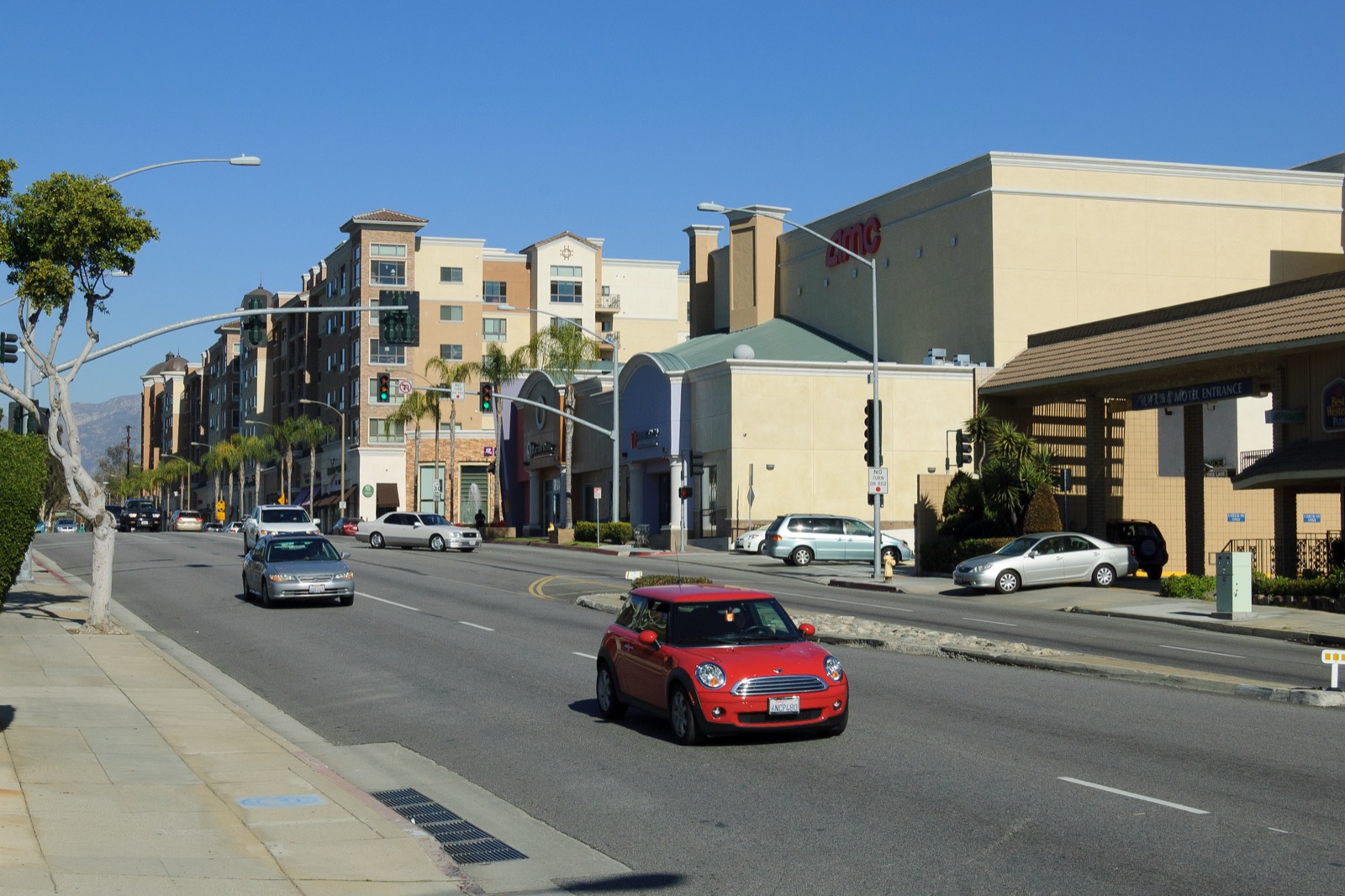 Streetscape of Atlantic Boulevard in Monterey Park, where commercial and residential areas sit side by side