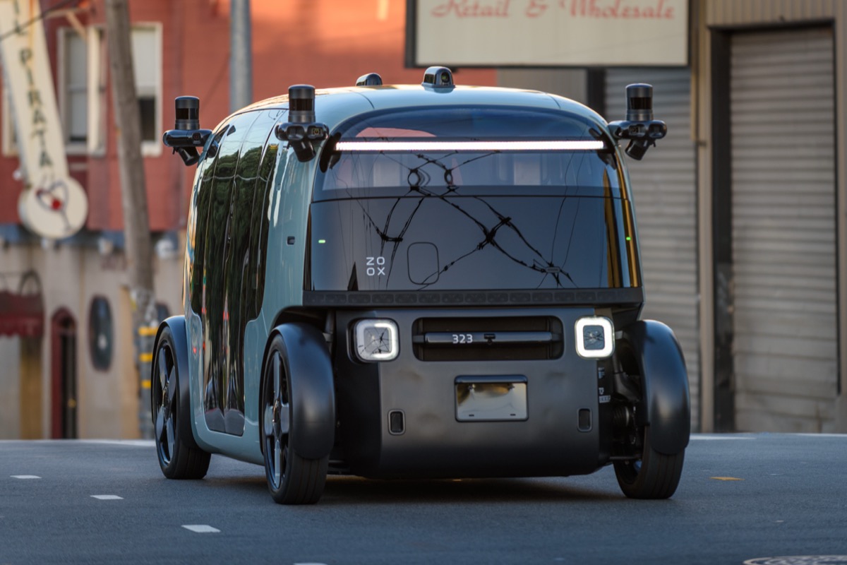 A Zoox robotaxi designed without a steering wheel or rear-view mirror