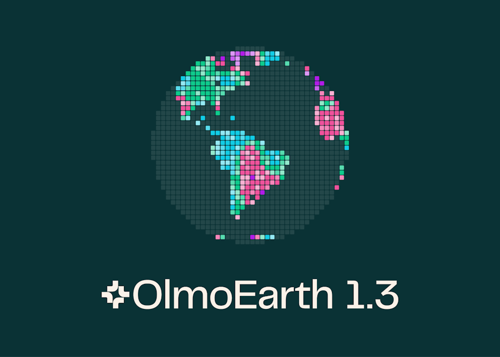 지구를 10미터 칸 단위 픽셀로 나눠 각 칸을 색으로 표시한 OlmoEarth 1.3 로고 이미지