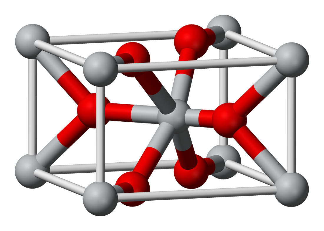 금홍석(rutile) TiO2 결정 구조의 단위세포 볼-스틱 모델. 회색 티타늄 원자와 빨간 산소 원자가 중심대칭 배열을 이루고 있다