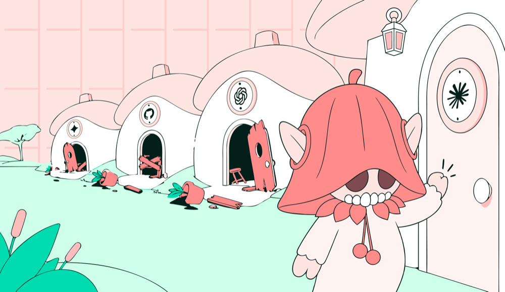 코딩 에이전트 네 종을 은유한 삽화. 문이 부서지고 화분이 넘어진 세 채의 집과, 아직 문이 온전한 네 번째 집 앞에서 문을 두드리는 캐릭터