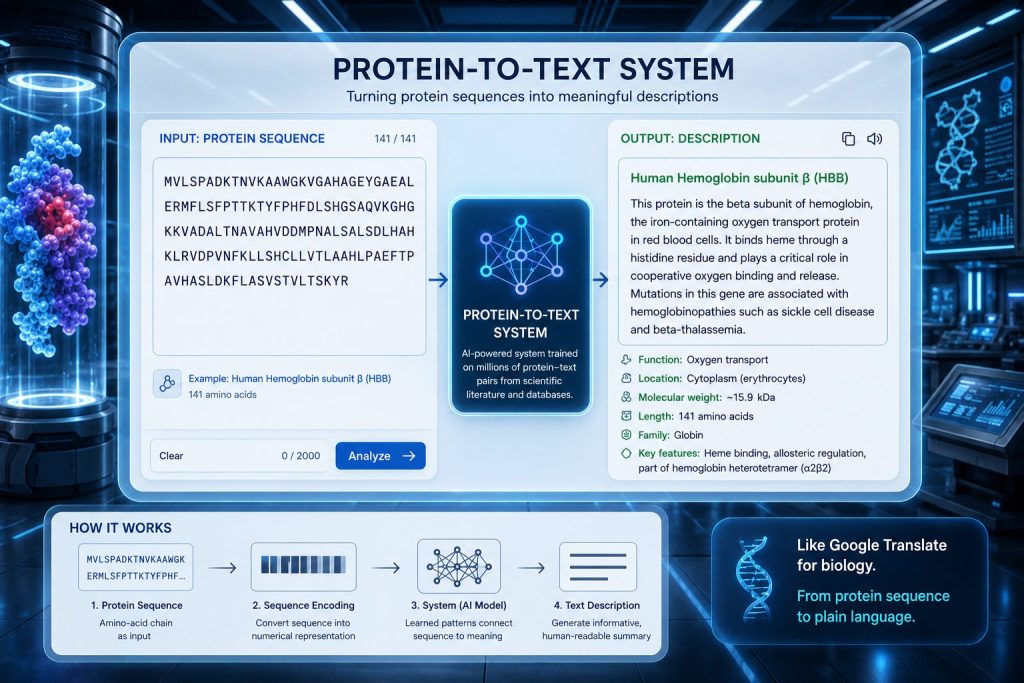 아미노산 서열을 입력받아 자연어 기능 설명을 출력하는 protein-to-text 시스템 개념도