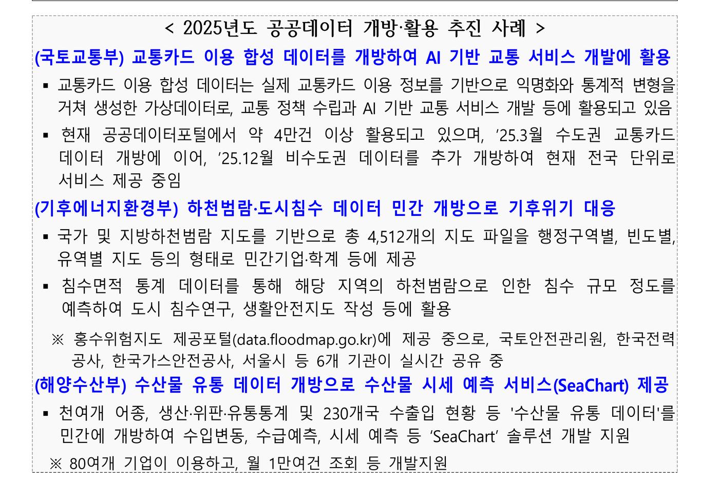 Original Korean-language page from the Ministry of the Interior and Safety's 2025 public data evaluation release, listing the three 2025 open-data cases: the transit card synthetic data, the river flood maps, and the seafood distribution data