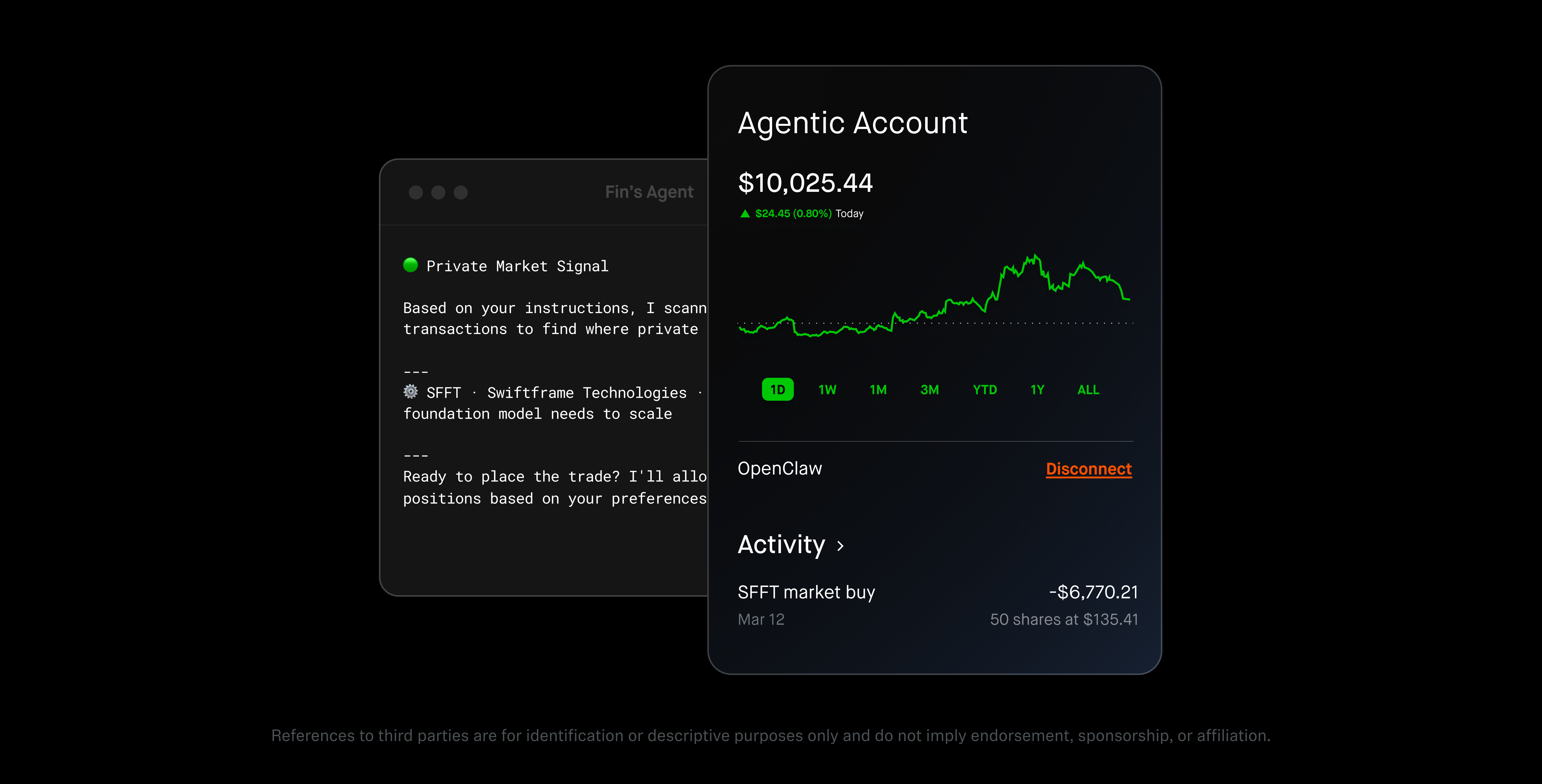 Robinhood Agentic Account UI — AI agent analyzing stocks and placing a buy order autonomously