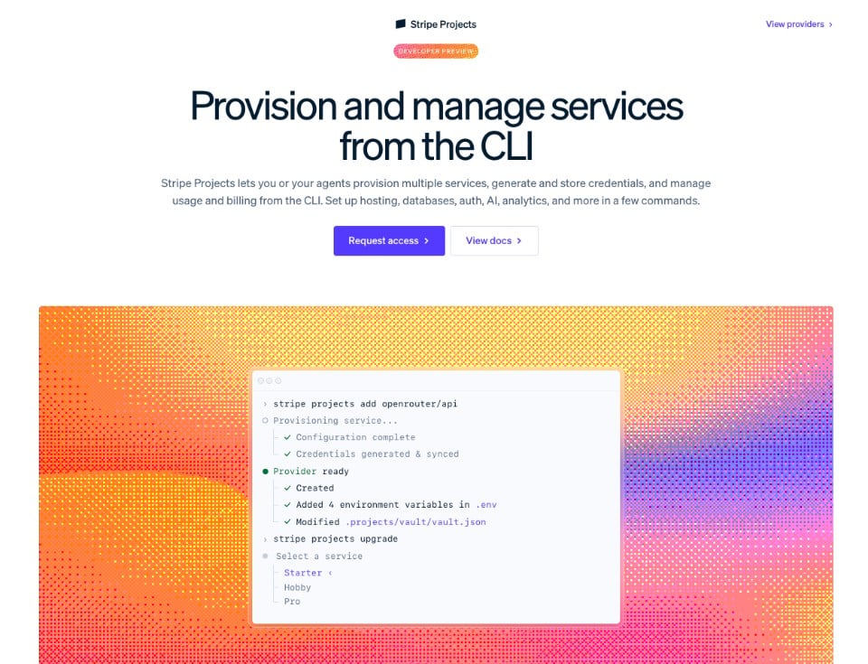 Stripe Projects CLI screen showing the stripe projects add openrouter/api command provisioning the OpenRouter service and generating environment variables